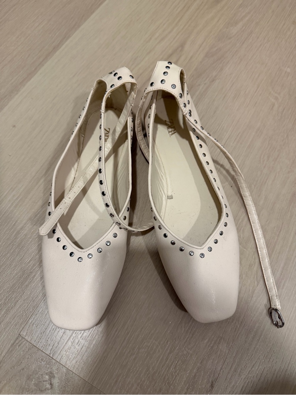 Zara Ivory Studded Ankle-Strap Flats